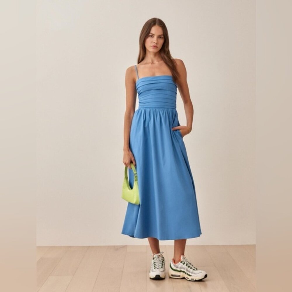 NEW Reformation Lissa Cotton Midi Dress Azure Blue Removable Strap | US 2 UK 6